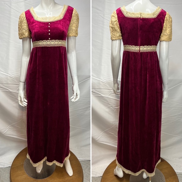 Women's Vintage Lisa Jo Crimson Red Velvet Cream Crochet Lace 70’s Long Dress S - Picture 13 of 13